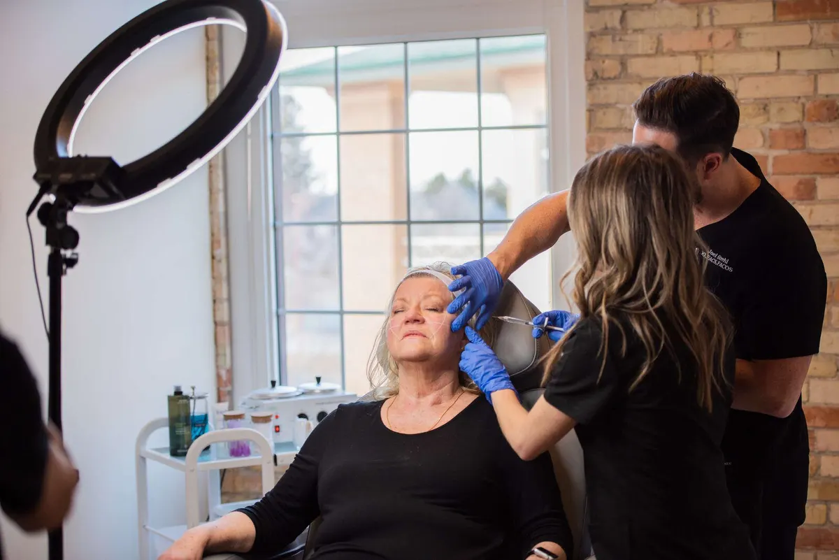 Brittnee Keyes FNP-C at Eternal Wellness Medical Spa in Traverse City Michigan reviewing Sculptra collagen stimulator results with a patient during an injectable consultation